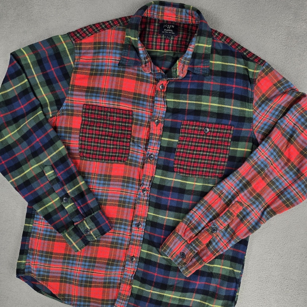 J‎ Crew Flannel Shirt Mens Large Patchwork Plaid Eclectic Style